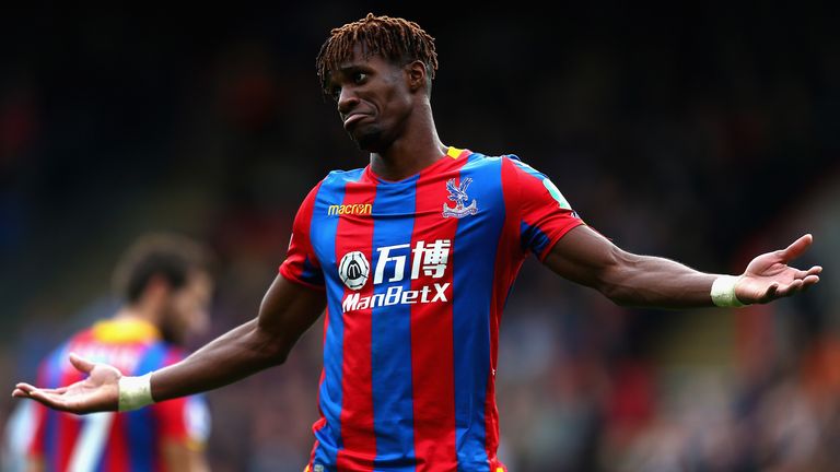 Wilifried Zaha gestures during Crystal Palace's match with west Ham in the Premier League.