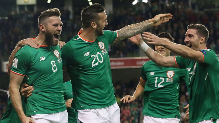 Republic of Ireland's Daryl Murphy celebrates scoring his side's first goal of the game with Shane Duffy during the World Cup Qualifier v Moldova
