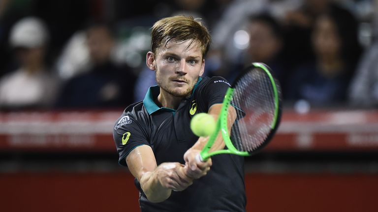 TOKYO, JAPAN - OCTOBER 07:  David Goffin of Belgium plays a backhand in his semi final match against Diego Schwartzman of Argentina during day six of the R