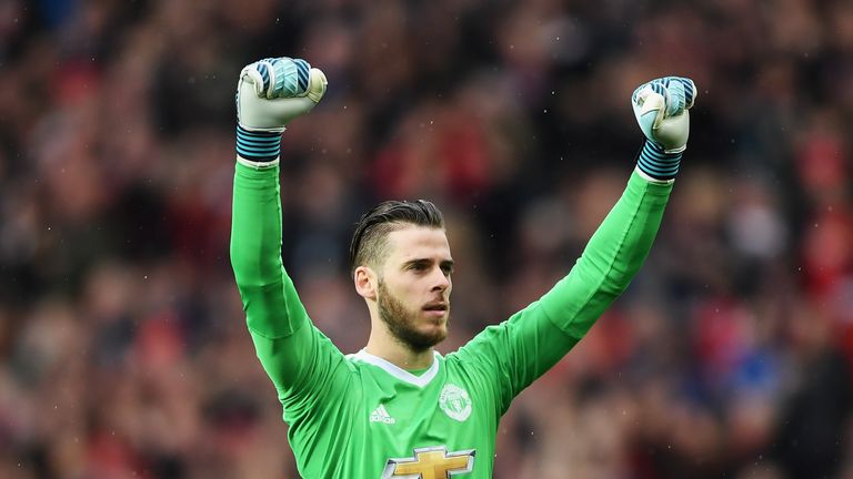 MANCHESTER, ENGLAND - SEPTEMBER 30:  David De Gea of Manchester United celebrates his side's  first goal during the Premier League match between Manchester