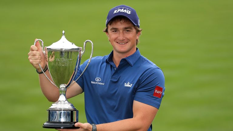 NEWCASTLE UPON TYNE, ENGLAND - OCTOBER 01:  Paul Dunne of Ireland celebrates with the trophy during day four of the British Masters at Close House Golf Clu