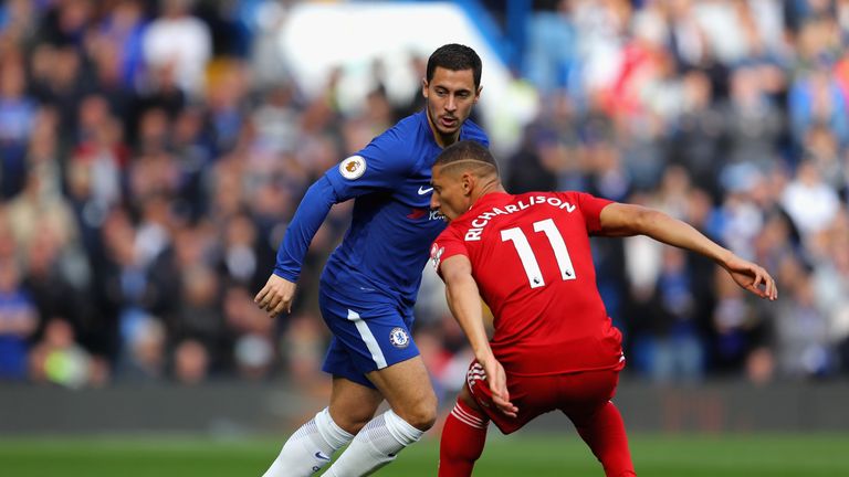 Eden Hazard of Chelsea is faced by Richarlison de Andrade of Watford during the Premier League match between Chelsea and Watford