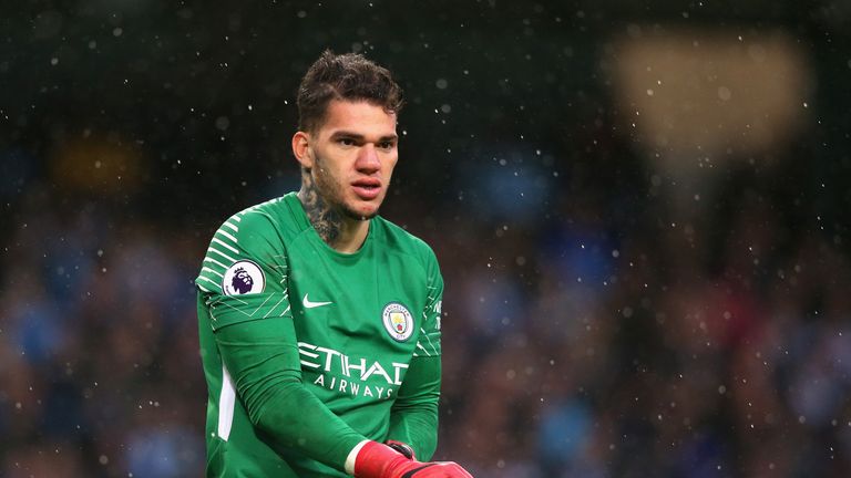 MANCHESTER, ENGLAND - OCTOBER 21:  Ederson of Manchester City looks on during the Premier League match between Manchester City and Burnley at Etihad Stadiu