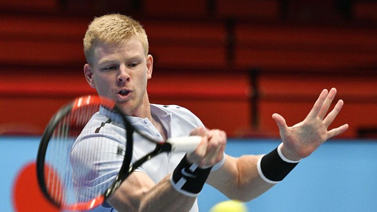 Great Britain's Kyle Edmund returns the ball to Spain's David Ferrer during their men's singles tennis match at the ATP tennis tournament in Vienna on Octo