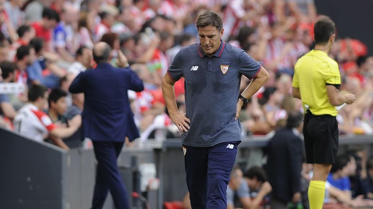 Sevilla's Argentinian coach Eduardo Berizzo reacts during the Spanish league football match Athletic Club Bilbao vs Sevilla FC at the San Mames stadium in 