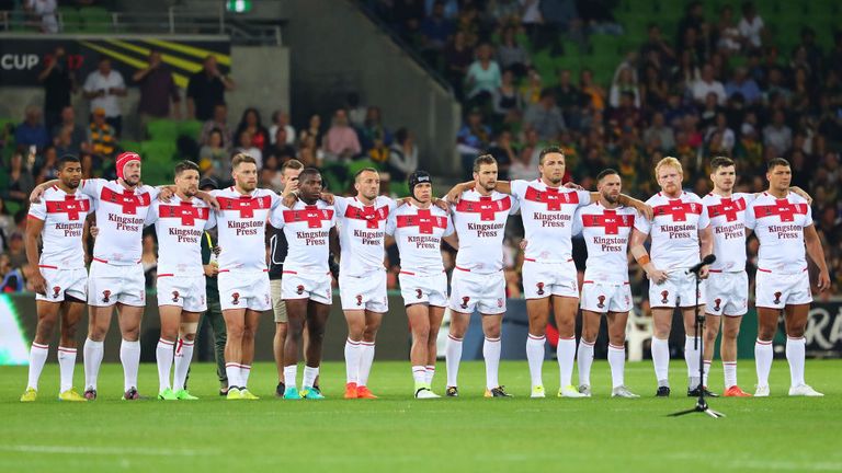 MELBOURNE, AUSTRALIA - OCTOBER 27:  England stand together during the 2017 Rugby League World Cup match between Australia and England in Melbourne