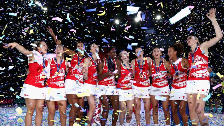 MELBOURNE, AUSTRALIA - OCTOBER 29:  England team celebrates a win during the Fast5 World Series Netball match between Jamaica and England at Hisense Arena 