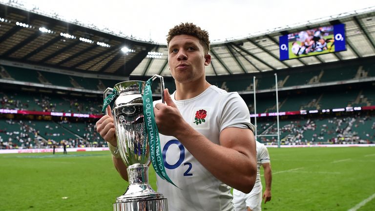 LONDON, ENGLAND - MAY 28:  Nick Isiekwe of England celebrates with the trophy following the Old Mutual Wealth Cup match between England and The Barbarians 
