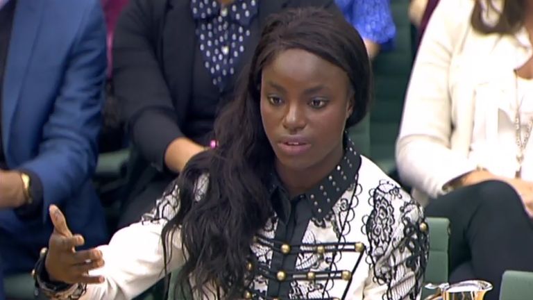 Footballer Eniola Aluko answers questions in front of the Digital, Culture, Media and Sport Committee at Portcullis House in Westminster, London.