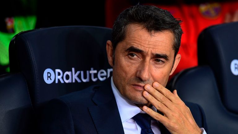 Barcelona's coach Ernesto Valverde reacts during the Spanish league football match FC Barcelona vs Malaga CF at the Camp Nou stadium in Barcelona on Octobe