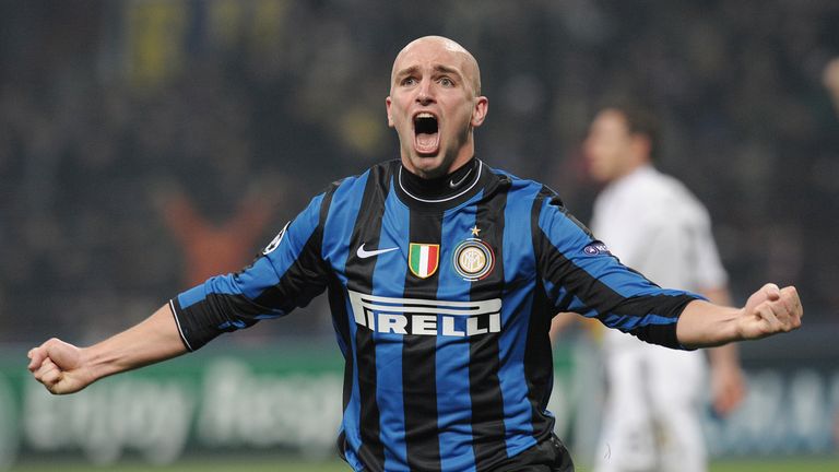 Inter Milan's Esteban Cambiasso celebrates scoring against Chelsea during their UEFA Champions League second round, first leg match on February 24, 2010 at