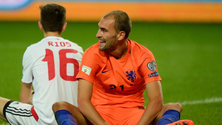 The Netherlands' Bas Dost reacts during the FIFA World Cup 2018 qualification football match between Belarus and the Netherlands in Borisov, outside Minsk,