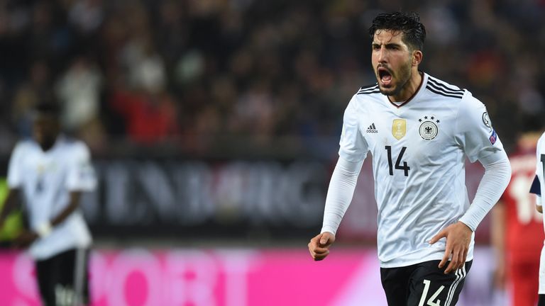 Germany's midfielder Emre Can celebrates after his goal during the FIFA World Cup 2018 qualification football match between Germany and Azerbaijan in Kaise