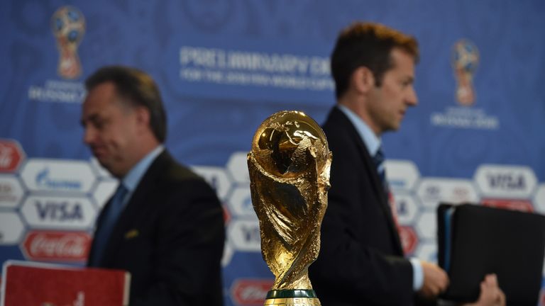 The FIFA World Cup trophy stands on a podium at a hall close to the Constantine (Konstantinovsky) Palace in St. Petersburg on July 24, 2015 on the eve of t