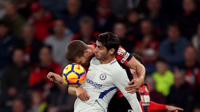 Chelsea's Alvaro Morata (left) and AFC Bournemouth's Simon Francis battle for the ball during the Premier League match at the Vitality Stadium