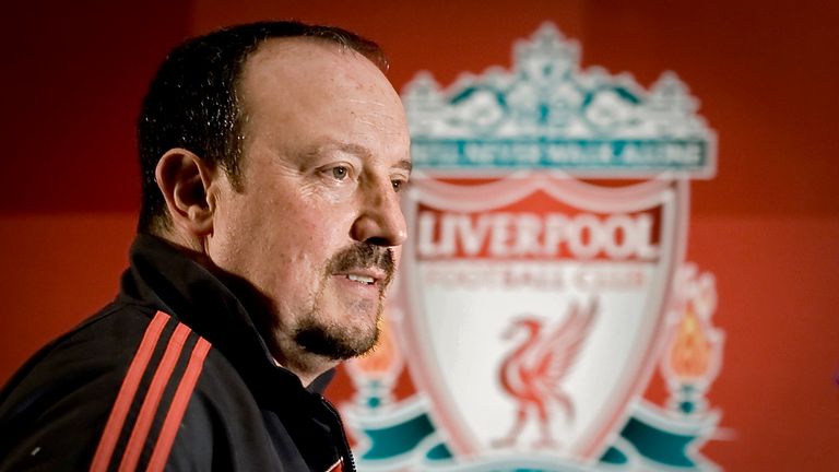 English Premiership football club Liverpool team manager Rafael Benitez arrives to a press conference in 2009.