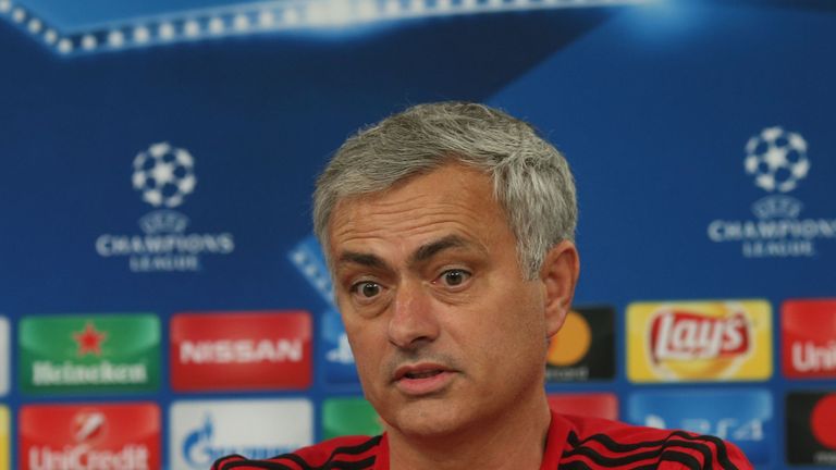 Manager Jose Mourinho of Manchester United speaks during a press conference ahead of their UEFA Champions League match against Benfica on October 17, 2017