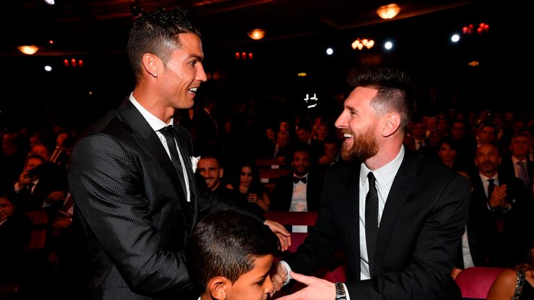 Nominees for the Best FIFA football player, Barcelona and Argentina forward Lionel Messi (R) and Real Madrid and Portugal forward Cristiano Ronaldo (L) cha