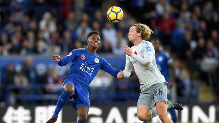 Tom Davies of Everton and Demarai Gray of Leicester City battle for the ball during the Premier League match at the King Power Stadium