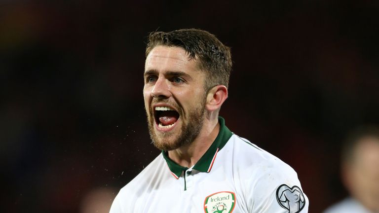 Ireland midfielder Robbie Brady celebrates their win over Wales