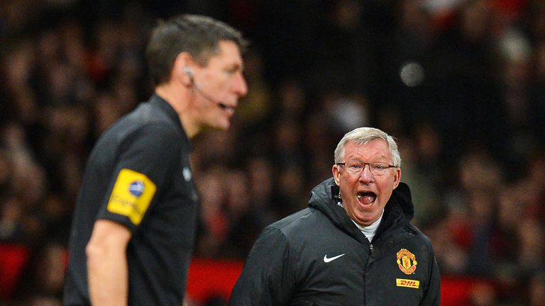 Alex Ferguson shouts in the direction of assistant referee Andy Garrett during a Premier League match against West Bromwich Albion on December 29, 2012