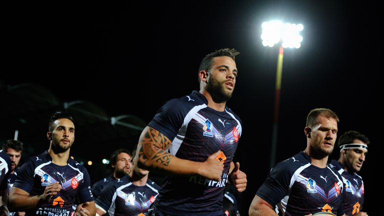 PERPIGNAN, FRANCE - NOVEMBER 11:  France players warm up prior to the Rugby League World Cup Group B match between France and Samoa at Stade Gilbert Brutus