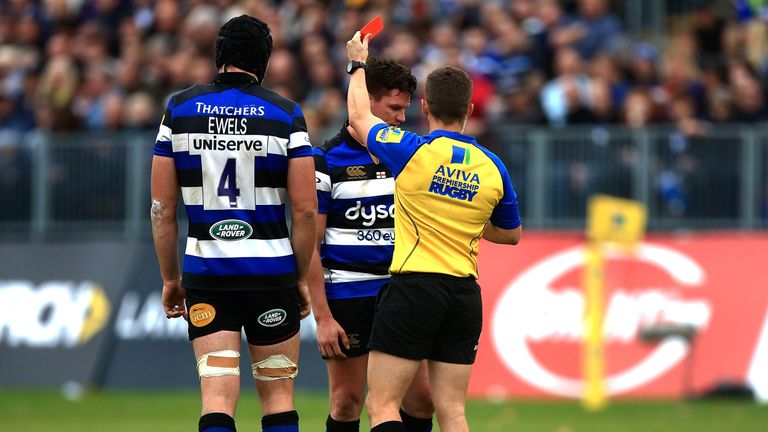 Freddie Burns of Bath is shown a red card during the Aviva Premiership match between Bath Rugby and Worcester Warriors