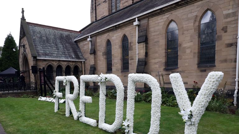 A floral tribute at the funeral service of former Newcastle United chairman Freddy Shepherd, at St George's Church in Jesmond.