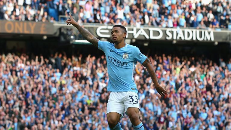 Gabriel Jesus celebrates scoring Manchester City's fourth goal against Stoke