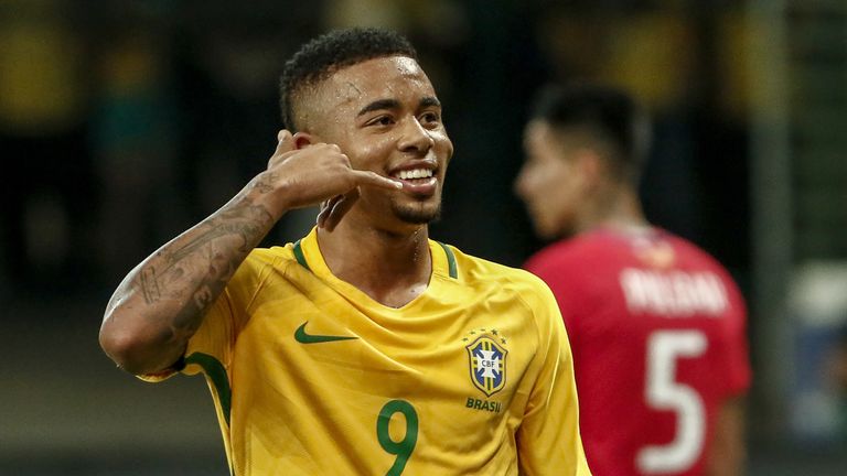 Brazil's Gabriel Jesus celebrates after scoring against Chile during their 2018 World Cup football qualifier match in Sao Paulo, Brazil, on October 10, 201