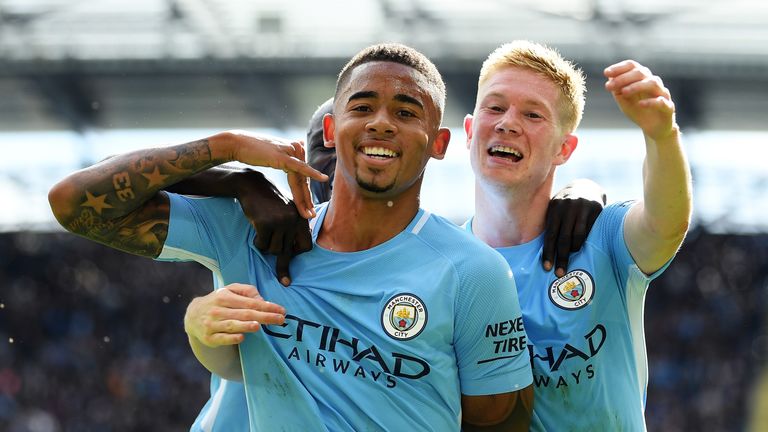 MANCHESTER, ENGLAND - SEPTEMBER 09:  Gabriel Jesus of Manchester City celebrates scoring his sides second goal with Kevin De Bruyne