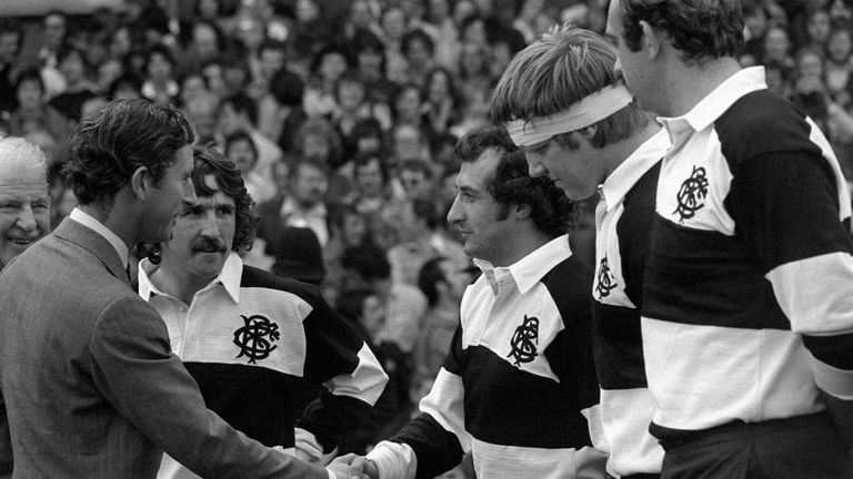Barbarians captain Gareth Edwards shakes hands with the Prince of Wales before their match at Twickenham.
