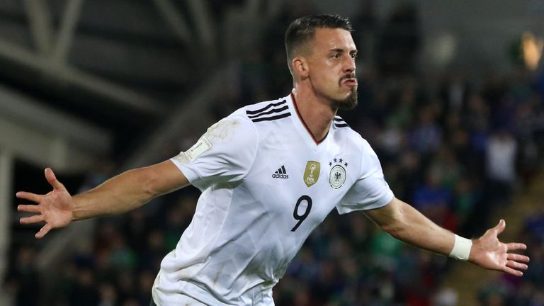 Germany's Sandro Wagner celebrates after scoring their second goal during the FIFA World Cup 2018 qualification football match against Northern Ireland