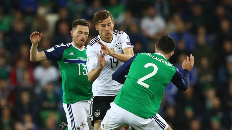 Leon Goretzka is challenged by of Northern Ireland during the FIFA 2018 World Cup Qualifier Windsor Park on October 5, 2017