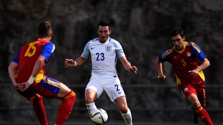 ANDORRA LA VELLA, ANDORRA - OCTOBER 10: Jack Harrison of England is challenged by Eric De Pablos and Albert Alavedra of Andorra during the UEFA European Un