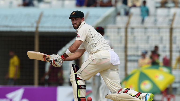 Australian cricketer Glenn Maxwell plays a shot during the third day of the second cricket Test between Bangladesh and Australia at Zahur Ahmed Chowdhury S