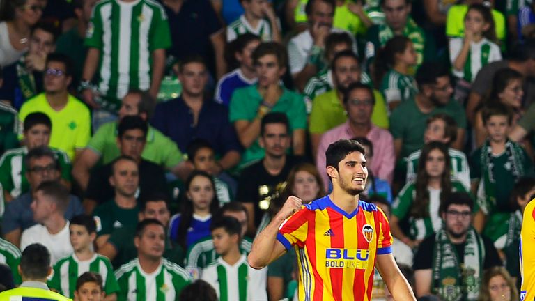 Valencia's Portuguese forward Goncalo Guedes celebrates after scoring a goal during the Spanish league football match Real Betis FC vs Valencia FC at the B