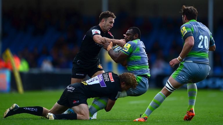 Vereniki Goneva is halted by the Chiefs at Sandy Park