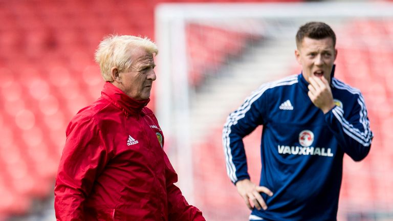 Gordon Strachan (left) with Callum McGregor training at Hampden