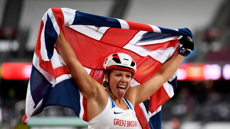 Hannah Cockroft of Great Britain celebrates victory in the Women's 800m T34 Final during day four of the IPC World ParaAthletic