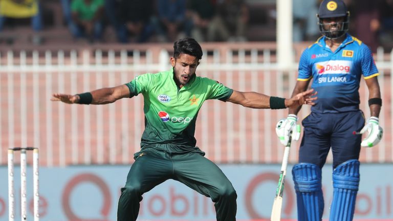Hasan Ali (L) of Pakistan celebrates after dismissing Lahiru Thirimanna of Sri Lanka during the fifth one day international