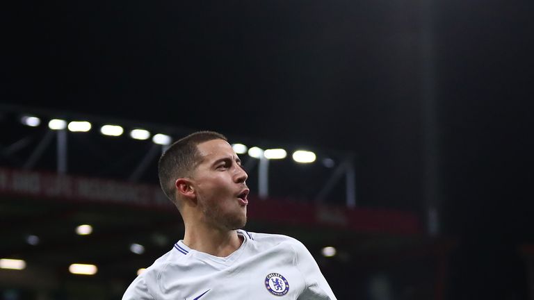 BOURNEMOUTH, ENGLAND - OCTOBER 28:  Eden Hazard of Chelsea celebrates scoring his sides first goal during the Premier League match between AFC Bournemouth 