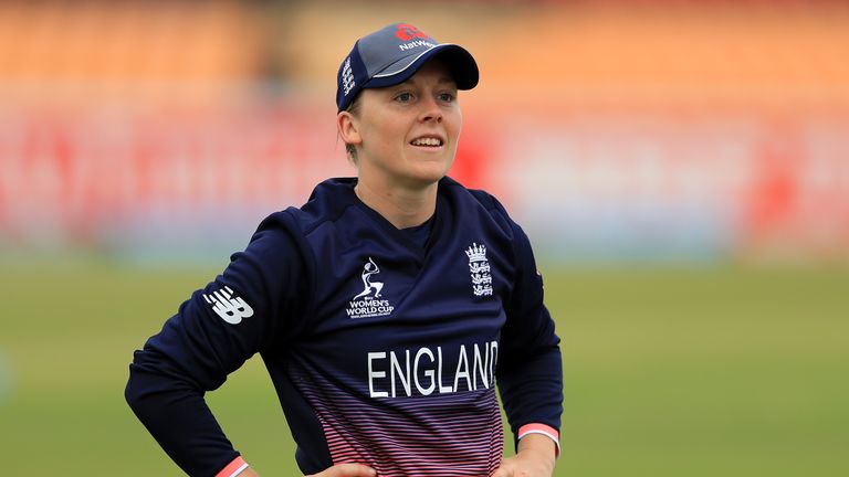 LEICESTER, ENGLAND - JUNE 27:  Heather Knight of England looks on before the Women's ICC World Cup group match between England and Pakistan at Grace Road o