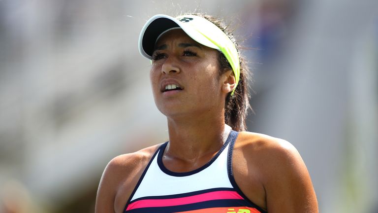 Heather Watson of Great Britain reacts during the first round Women's Singles match against Alize Cornet of France