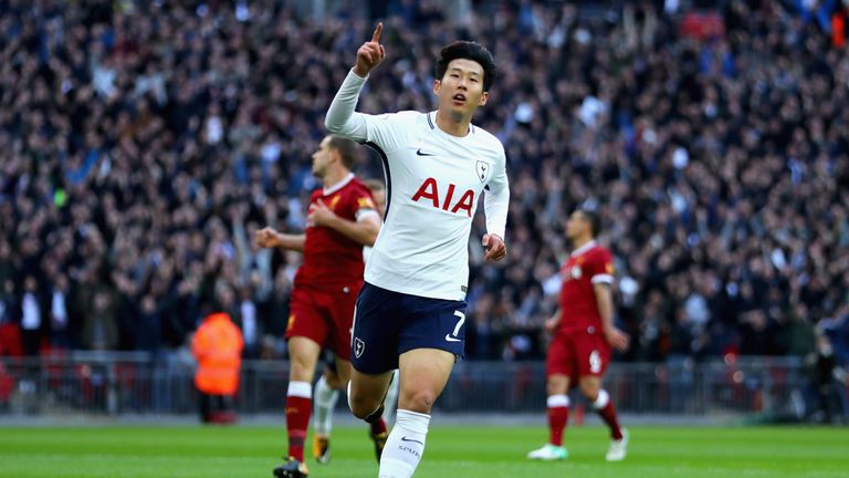 Heung-Min Son celebrates scoring Tottenham's second goal against Liverpool