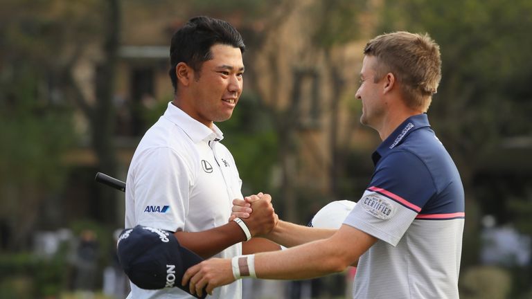 SHANGHAI, CHINA - OCTOBER 30:  Hideki Matsuyama of Japan shakes hands with Russell Knox on the 18th green during the final round of the WGC - HSBC Champion