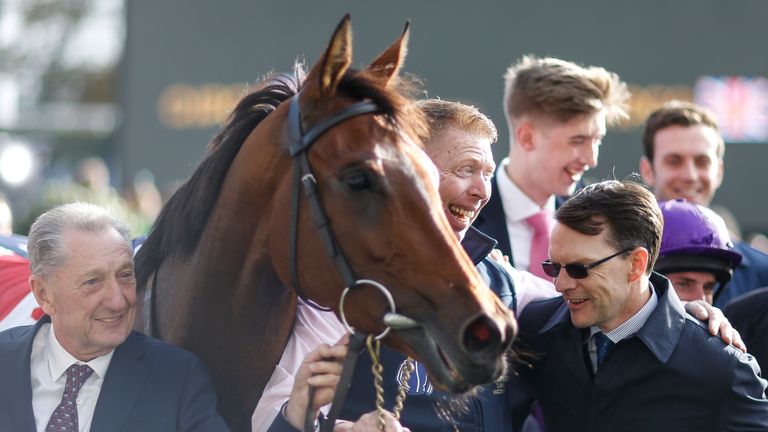 Aidan O'Brien (r) with Hydrangea after equalling the record for Group 1 winners in a season