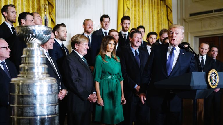 US President Donald Trump speaks during an event honouring the 2017 Stanley Cup champions, the Pittsburgh Penguins