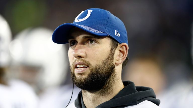 NASHVILLE, TN - OCTOBER 16:  Andrew Luck #12 of the Indianapolis Colts watches from the bench during the game against the Tennessee Titans at Nissan Stadiu