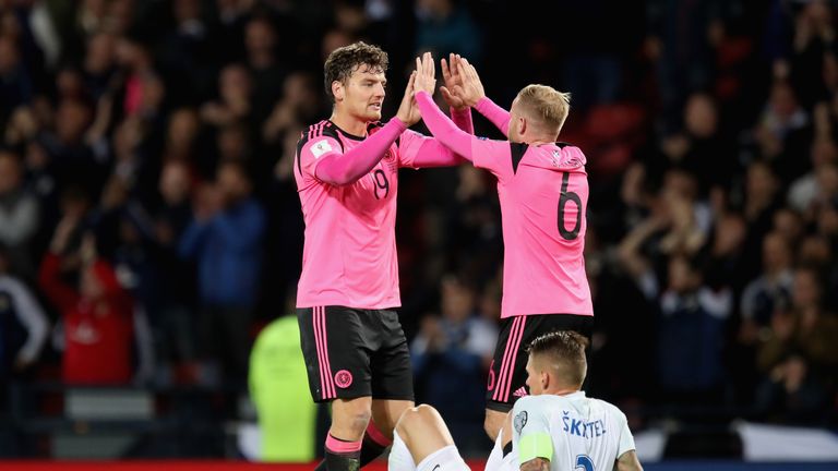 GLASGOW, SCOTLAND - OCTOBER 05:  Chris Martin and Barry Bannan of Scotland celebrate victory as Martin Skrtel of Slovakia looks dejected after the FIFA 201